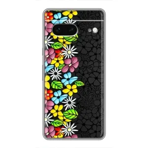 Силиконовый бампер с принтом (цветочки) на Гугул Пиксель 7 (Яркие цветы на черном)