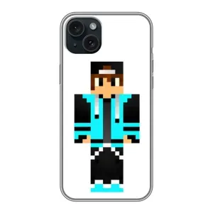 Чехлы для iPhone 14 Plus (Персонажи Майн Крафт) (Мальчик в голубом)
