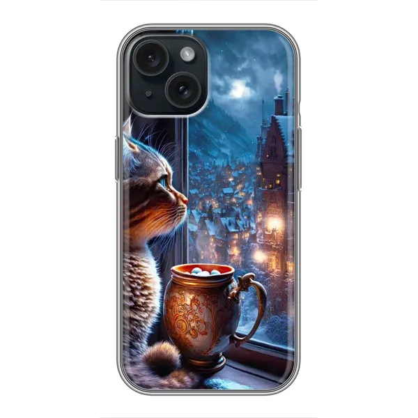 Чехол с рисунком «Кот новогодний» для iPhone 15