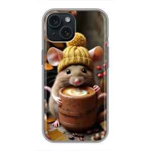 Друкований чохол 'Звірята з кавою' для iPhone 15 (Мишка з кавою)