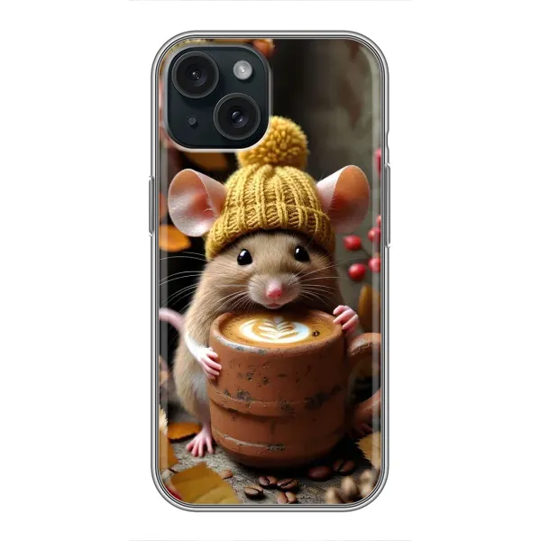Чехол с рисунком «Мышка с кофе» для iPhone 15 Чехол с рисунком «Мышка с кофе» для iPhone 15