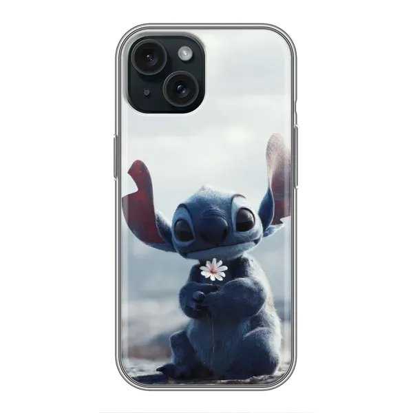 Чехол с рисунком «Стич с цветочком» для iPhone 15 Чехол с рисунком «Стич с цветочком» для iPhone 15