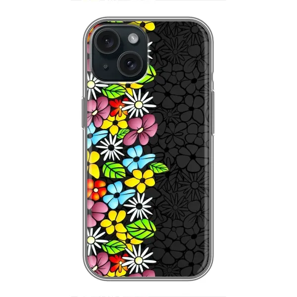 Чехол с рисунком «Яркие цветы на черном» для iPhone 15