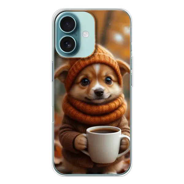 Чохол з малюнком «Песик з кавою» для iPhone 16 Чохол з малюнком «Песик з кавою» для iPhone 16