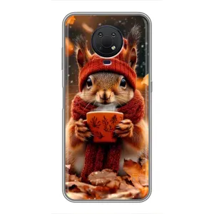 Печатный чехол «Зверята с кофе» для Nokia G10 (Белка с кофе)