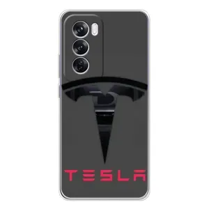 Силиконовый бампер с картинкой машины на OPPO Reno 12 Pro (Logo TESLA)