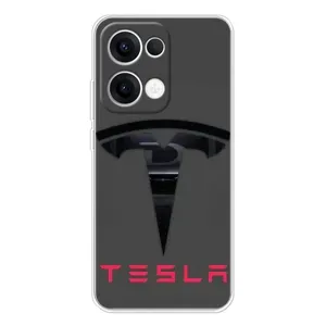 Силиконовый бампер с картинкой машины на OPPO Reno 13 5G (Logo TESLA)