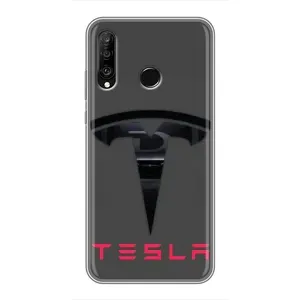 Силіконовий бампер з картинкою машини на Huawei P30 Lite (Logo TESLA)
