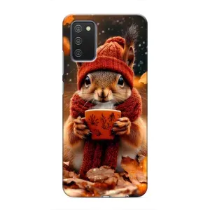 Печатный чехол «Зверята с кофе» для Samsung Galaxy A03s (Белка с кофе)