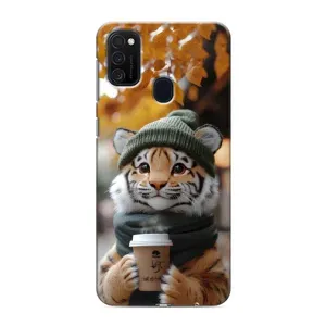 Печатный чехол «Зверята с кофе» для Samsung Galaxy M21 (Тигр с кофе)