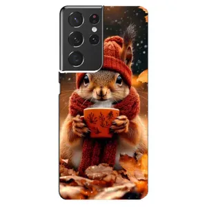 Печатный чехол «Зверята с кофе» для Samsung Galaxy S21 ultra (Белка с кофе)
