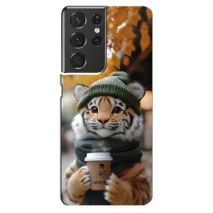 Печатный чехол «Зверята с кофе» для Samsung Galaxy S21 ultra (Тигр с кофе)