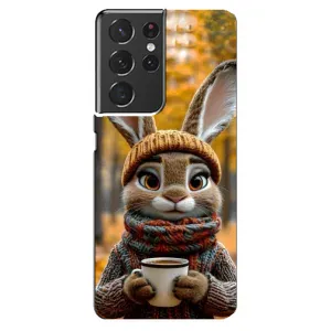 Печатный чехол «Зверята с кофе» для Samsung Galaxy S21 ultra (Зайчик с кофе)