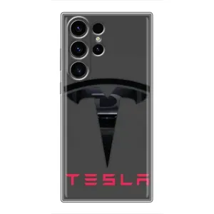 Силиконовый бампер с картинкой машины на Samsung Galaxy S22 Ultra (Logo TESLA)