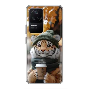 Печатный чехол «Зверята с кофе» для Xiaomi POCO F4 (5G) (Тигр с кофе)