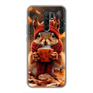 Печатный чехол «Зверята с кофе» для Xiaomi Redmi 9 (Белка с кофе)