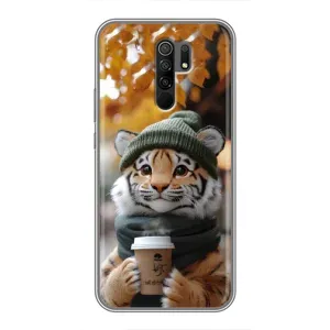 Печатный чехол «Зверята с кофе» для Xiaomi Redmi 9 (Тигр с кофе)