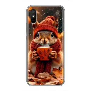 Печатный чехол «Зверята с кофе» для Xiaomi Redmi 9A (Белка с кофе)