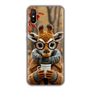 Печатный чехол «Зверята с кофе» для Xiaomi Redmi 9A (Жираф с кофе)