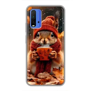 Печатный чехол «Зверята с кофе» для Xiaomi Redmi 9T (Белка с кофе)