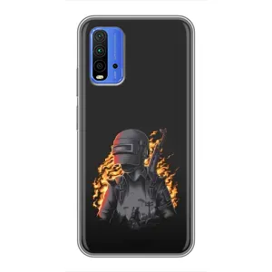 Силиконовый чехол с картинкой "Герой Pubg" на Xiaomi Redmi 9T (В огне)
